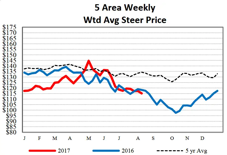 The 5-Area weekly weighted average steer price as of August 17
