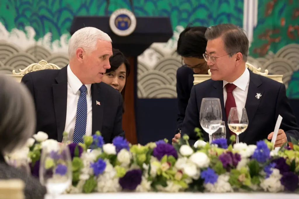 Vice President Mike Pence and Mrs. Karen Pence attended a dinner in February with South Korean President Moon Jae-in and his wife Kim Jung-sook in Seoul South Korea. There has been an ongoing discussion between the U.S. and South Korea over a number of issues