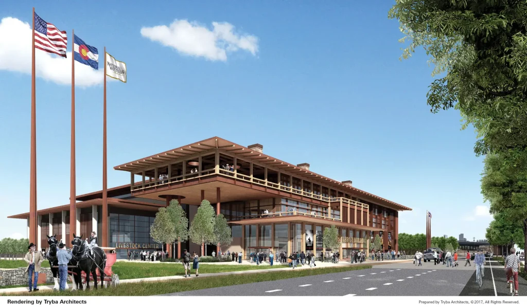 Artist renderings of the planned Legacy Building for the National Western Complex. The Legacy Building