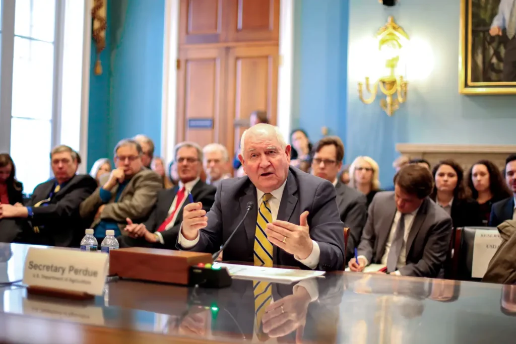 USDA Secretary Sonny Perdue answers questions during a full House Agriculture Committee hearing on the state of the rural economy on Feb. 26.