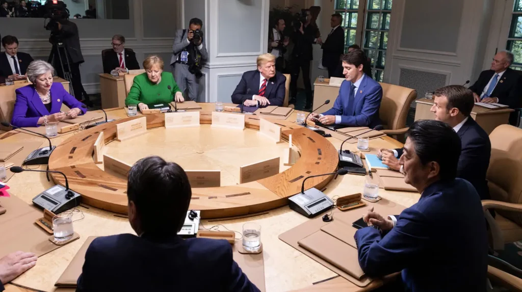 President Donald Trump listens to Canadian Prime Minister Justin Trudeau at the trade-focused G7 Summit in early June. Pictured (clockwise from top left) are Theresa May