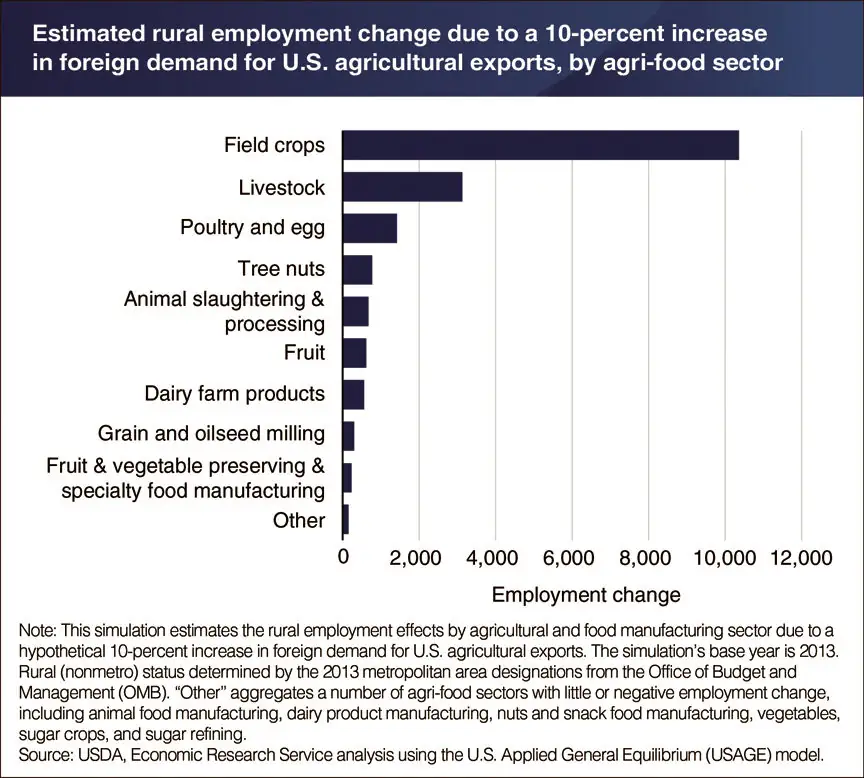 Hypothetical model: Ag exports add rural jobs across sectors